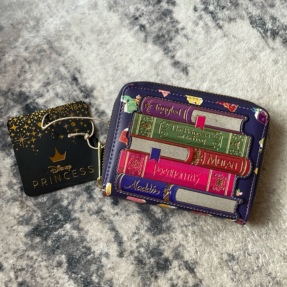 NWT Loungefly Princess Book Wallet Tangled Frog Mulan Pocahontas Aladdin